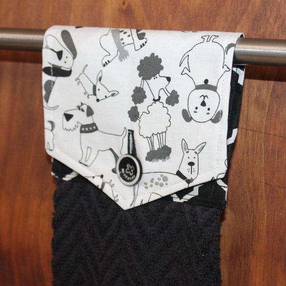 DOG COLLAGE BLACK & WHITE HANDMADE HANGING TOWEL BLACK COTTON HAND TOWEL - Picture 3 of 4